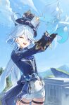  1girl :d ;d absurdres ahoge air_bubble ascot asymmetrical_gloves blue_ascot blue_bow blue_eyes blue_hair blue_headwear blue_jacket blue_sky bow bubble cloud commentary cotta_(heleif) cowboy_shot day furina_(genshin_impact) genshin_impact hair_between_eyes hat highres holding jacket light_blue_hair long_hair long_sleeves looking_at_viewer mountain multicolored_hair one_eye_closed open_mouth outdoors revision second-party_source short_shorts shorts sidelocks sky smile solo standing streaked_hair teeth thigh_strap thighs top_hat upper_teeth_only very_long_hair white_shorts 
