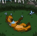  2011 aliasing ambiguous_gender arthropod birch_tree black_nose blue_kerchief blue_neckerchief blue_wings bluekyokitty brown_body brown_eyes brown_fur brown_inner_ear_fluff brown_pawpads butterfly cel_shading claws day detailed_background digital_drawing_(artwork) digital_media_(artwork) digitigrade eyebrows feral fur grass group head_tuft hyena inner_ear_fluff insect insect_wings kerchief lepidopteran lepidopteran_wings lying mammal neckerchief on_back open_mouth open_smile outside pattern_kerchief pattern_neckerchief pawpads paws plant rock sebdoggo shaded smile solo_focus spotted_hyena spotted_kerchief spotted_neckerchief tail tan_body tan_fur tree tuft white_claws wings 
