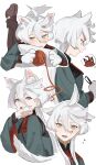  1girl absurdres ahoge animal_ears animal_hands black_pantyhose blush cat_ears closed_mouth commentary_request flying_sweatdrops green_jacket grey_eyes gundam gundam_suisei_no_majo highres jacket jia_ma kemonomimi_mode licking_paw long_hair long_sleeves looking_at_viewer lying miorine_rembran multiple_views on_stomach open_mouth pantyhose pillow simple_background suletta_mercury thought_bubble white_background white_hair yarn yarn_ball 