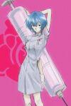  1girl ayanami_rei blue_hair breasts closed_mouth expressionless hair_between_eyes hair_ornament highres kinoko0269 neon_genesis_evangelion nurse pink_background red_eyes retro_artstyle short_hair solo syringe 