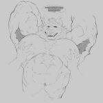  absurd_res ambiguous_gender anthro armpit_hair big_muscles big_pecs blaidd_(elden_ring) body_hair canid canine canis dialogue disembodied_hand duo elden_ring fangs fromsoftware hands_behind_head hi_res lying male mammal muscular muscular_anthro muscular_male nipples nude on_back pec_grab pecs question_mark sketch speech_bubble teeth ursso_(artist) wolf 