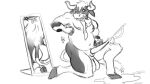  anthro balls bodily_fluids bovid bovine cattle digital_media_(artwork) ejaculation erection genital_fluids genitals hair male mammal monochrome orgasm penis simple_background sketch smile solo tail waitfurgodot white_background 