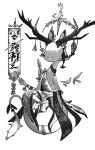  4_fingers anthro antlers banner black_and_white clothed clothing constructed_language deity digital_drawing_(artwork) digital_media_(artwork) eyeless faceless_anthro faceless_character feathers female fingers haxera_stub hi_res horn leaf monochrome mouthless nyokvagyaanok solo tail tail_feathers text 