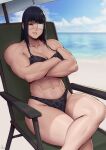  1girl abs absurdres bare_arms bare_shoulders beach biceps bikini black_bikini black_hair blue_sky blurry blurry_background breasts chair cloud collarbone commentary crossed_arms day english_commentary eyepatch figure_four_sitting grin highres horizon jormungand large_breasts looking_at_viewer lounge_chair medical_eyepatch medium_hair muscular muscular_female navel ocean outdoors shade signature sitting sky smile sofia_valmer solo speedl00ver stomach swimsuit thick_thighs thighs umbrella wet yellow_eyes 
