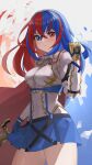  1girl absurdres alear_(female)_(fire_emblem) alear_(fire_emblem) blue_eyes blue_hair braid breasts commentary crossed_bangs crown_braid emblem_ring fire_emblem fire_emblem_engage heterochromia highres long_hair looking_at_viewer medium_breasts multicolored_hair pearlbbbb red_eyes red_hair revision smile solo split-color_hair thighs two-tone_hair 