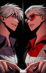  2boys akagi:_yami_ni_oritatta_tensai akagi_shigeru black-framed_eyewear black_background collared_shirt commentary_request fukumoto_mahjong glowing glowing_eyes grey_shirt grin hair_between_eyes hair_slicked_back highres hirayama_yukio jacket long_bangs looking_at_viewer mahjong mahjong_tile male_focus maxham_2 multiple_boys over-rim_eyewear red-tinted_eyewear red_eyes red_shirt semi-rimless_eyewear shirt short_hair simple_background smile striped striped_jacket sunglasses tinted_eyewear upper_body white_hair white_jacket 