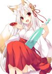  1girl alcohol animal_ear_fluff animal_ears bell bottle breasts cup dutch_angle fox_ears fox_girl fox_tail hair_bell hair_between_eyes hair_ornament hakama hakama_skirt head_tilt holding holding_bottle japanese_clothes jingle_bell long_hair medium_breasts miko open_mouth original panties pantyshot red_eyes red_hakama red_ribbon red_skirt ribbon saeki_touma sakazuki sake sake_bottle skirt smile solo tail underwear very_long_hair white_background white_hair white_panties wide_sleeves 