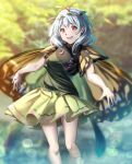  1girl absurdres antennae aqua_hair butterfly_wings dress eternity_larva fairy feet_out_of_frame green_dress hair_between_eyes highres leaf leaf_on_head multicolored_clothes multicolored_dress open_mouth red_eyes short_hair short_sleeves smile solo touhou wings yujin_(kanouyuuto-0423) 