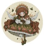  1girl angel_wings asymmetrical_legwear blunt_bangs blush blush_stickers bow bowtie braid brown_bow brown_hair bug butterfly castle center_frills chibi circle closed_mouth commission doll dress dress_bow dress_flower english_commentary eyelashes feathered_wings floral_print flower flower_brooch flower_button footwear_bow footwear_flower frilled_dress frilled_hairband frilled_socks frills green_bow green_bowtie green_dress green_eyes green_footwear green_hairband green_pantyhose hair_bow hair_flower hair_ornament hairband hand_on_lap highres holding holding_doll kneehighs layered_sleeves light_frown littlebluemuffin long_hair long_sleeves looking_at_viewer mary_janes medium_dress multiple_hair_bows original pantyhose pink_flower pink_rose puffy_long_sleeves puffy_sleeves rose shirt shoes short_over_long_sleeves short_sleeves single_braid single_kneehigh single_leg_pantyhose single_sock socks sparkle thick_eyebrows very_long_hair wavy_hair white_background white_shirt white_socks white_wings wings 