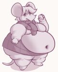  2023 alternate_species anthro ashley_graham_(resident_evil) belly big_belly bottomwear breasts buckteeth capcom cheese clothed clothing dairy_products fat_arms fat_legs female food holding_food holding_object kelpu_(artist) mammal morbidly_obese morbidly_obese_anthro morbidly_obese_female mouse moushley murid murine navel obese obese_anthro obese_female overweight overweight_anthro overweight_female resident_evil rodent simple_background skirt solo teeth 