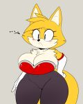  2022 anthro armwear berkthejerk breasts canid canine clothing cosplay crossgender elbow_gloves ellipsis female fox fur gloves handwear hi_res mammal miles_prower mtf_crossgender rouge_the_bat sega solo sonic_the_hedgehog_(series) tail thick_thighs yellow_body yellow_fur 