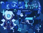  1boy angelica_(library_of_ruina) argalia_(library_of_ruina) ascot baton_(conducting) black_pants blue_cape blue_coat blue_theme cape character_doll character_name coat e.g.o_(project_moon) gostcat library_of_ruina long_hair male_focus music musical_note pages pants pen project_moon scythe spoilers white_ascot 