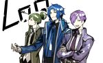  3boys ascot black_shirt blue_ascot blue_coat blue_hair chesed_(project_moon) coat collared_shirt crossed_arms folded_ponytail green_coat green_hair library_of_ruina long_sleeves multiple_boys necktie netzach_(project_moon) nishikujic project_moon purple_coat purple_hair purple_necktie shirt simple_background upper_body white_background white_shirt yellow_eyes yesod_(project_moon) 