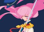  1girl aiguillette blue_background blue_eyes epaulettes floating_hair hair_over_one_eye half-closed_eye hat hat_removed headwear_removed holding holding_sword holding_weapon long_hair looking_down parted_lips pink_hair shoujo_kakumei_utena simple_background solo sword sword_of_dios tenjou_utena upper_body weapon yuuki_(irodo_rhythm) 