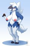  absurd_res anthro big_breasts breasts claws cookie female food fur generation_7_pokemon genitals hi_res lycanroc mammal mature_female midnight_lycanroc nintendo nipples nude pokemon pokemon_(species) shiny_pokemon simple_background sirdoomwolf smile solo thick_thighs 