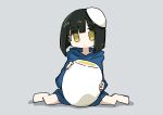  1girl absurdres blue_hoodie blunt_bangs blunt_ends bob_cut egg expressionless food food_on_head grey_background hardboiled_egg highres holding holding_egg hood hoodie long_sleeves object_on_head original personification short_hair simple_background sitting solo tokiwa_(914) wariza yellow_eyes 