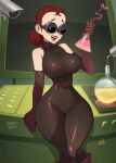  ! 1girl bare_shoulders barleyshake black_bodysuit bodysuit breasts brown_gloves copyright_request covered_navel elbow_gloves erlenmeyer_flask feet_out_of_frame flask gloves highres medium_breasts narrow_waist open_mouth red_hair round-bottom_flask security_camera smile solo thick_thighs thighs 