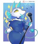  absurd_res anthro blue_clothing blue_dress blue_hair breasts clothed clothing darkner deltarune digital_media_(artwork) dress felid feline female fingers floating_hands fur hair hand_on_hip hi_res holding_object machine mammal microphone microphone_stand musical_note onigiri_punch open_mouth robot simple_background singing smile solo standing tail tasque_manager undertale_(series) yellow_eyes 