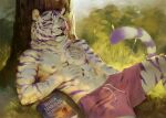  abs adelaherz anthro black_body black_fur book bottomwear chest_tuft claws clothed clothing detailed_background eyes_closed felid finger_claws fur grass inner_ear_fluff lying male mammal nipples on_back outside pantherine pink_bottomwear pink_clothing pink_shorts plant purple_body purple_fur shaded shorts sleeping solo striped_body striped_fur stripes tarin_nailo tattoo tiger topless topless_anthro topless_male tree tuft white_body white_fur 