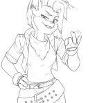  2023 activision anthro bandicoot beckoning belt clothing crash_bandicoot_(series) ear_piercing ear_ring female fingerless_gloves gesture gloves hand_on_hip handwear jacket lipstick makeup mammal marsupial monochrome piercing pirate_tawna ring_piercing solo that_kei_guy topwear 