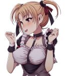  1girl between_breasts black_choker black_wrist_cuffs blonde_hair blush bow breasts chiaki_rakutarou choker cleavage collarbone covered_nipples dress freckles frilled_dress frills hair_bow hair_ribbon hands_up highres idolmaster idolmaster_dearly_stars looking_at_another nail_polish open_mouth pink_nails red_eyes red_ribbon ribbon short_hair short_sleeves simple_background small_breasts smile solo strap_between_breasts suzuki_ayane twintails underbust upper_body white_background white_dress 