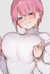  1girl blue_eyes blush breasts go-toubun_no_hanayome grey_background grin hair_between_eyes hands_on_own_breasts highres huge_breasts long_sleeves looking_at_viewer nakano_ichika pink_hair raised_eyebrows short_hair simple_background sketch sleeves_past_wrists smile solo sooon sweater teeth turtleneck turtleneck_sweater upper_teeth_only v white_sweater 