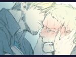  2boys blonde_hair close-up collared_jacket comforting crying facial_hair from_side goatee hair_over_eyes hands_on_another&#039;s_face kyosuke male_focus mature_male mike_zakarius multiple_boys paradis_military_uniform reiner_braun shingeki_no_kyojin shirt_tug short_hair stubble tears yaoi 