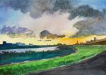  blue_sky building bush city cloud cloudy_sky highres no_humans original painting_(medium) river riverbank sakaue111 scenery sky sunlight sunset traditional_media water 