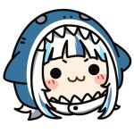  1girl :3 animal_hood ausurachai black_background black_eyes blue_hair blue_hoodie blunt_bangs blush chibi closed_mouth english_commentary facing_viewer gawr_gura gawr_gura_(1st_costume) grey_hair hololive hololive_english hood hoodie looking_at_viewer lowres multicolored_hair shark_girl shark_hood sidelocks simple_background smile smol_gura solo streaked_hair v-shaped_eyebrows virtual_youtuber 