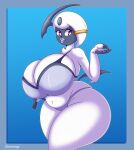  absol absurd_res anthro big_breasts bikini blue_background breasts cleavage clothed clothing female fur generation_3_pokemon hexami hi_res huge_breasts nintendo pokemon pokemon_(species) simple_background swimwear thick_thighs white_body white_fur 