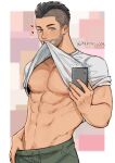  1boy abs bara bare_pectorals black_hair blue_eyes call_of_duty call_of_duty:_modern_warfare_2 clothes_lift dreaming_oor green_shorts heart highres holding holding_phone large_pectorals male_focus muscular muscular_male navel nipple_piercing nipples pectorals phone piercing shirt shirt_lift short_hair shorts sidecut smile soap_(modern_warfare_2) solo twitter_username white_shirt 