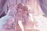  2girls absurdres barefoot bed bow canopy_bed grey_hair hair_bow hair_over_one_eye highres holding_hands long_hair looking_at_viewer medium_hair multiple_girls nightgown original pillow red_eyes ribbon smile soramick thighs white_bow white_nightgown white_ribbon yuri 