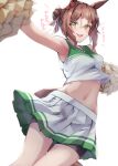  1girl absurdres animal_ears armpits bike_shorts_under_skirt blush breasts brown_hair cheerleader collarbone fine_motion_(umamusume) folded_ponytail green_eyes highres horse_ears horse_tail looking_at_viewer medium_hair midriff nayuta0603 open_mouth pom_pom_(cheerleading) simple_background sleeveless solo tail translation_request umamusume white_background 