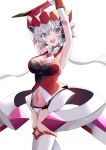  1girl :d armpits arms_up boots breasts cleavage covered_navel cowboy_shot floating_hair gloves grey_eyes hair_between_eyes headpiece highres large_breasts long_hair looking_at_viewer rikopin senki_zesshou_symphogear simple_background smile solo standing thigh_boots twintails very_long_hair white_background white_footwear white_gloves white_hair yukine_chris 
