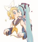  ! 2girls aqua_hair bare_shoulders black_sailor_collar black_sleeves blonde_hair blue_eyes blush bow closed_eyes collarbone commentary crop_top cropped_torso detached_sleeves grey_shirt hair_bow hair_ornament hatsune_miku headphones heart highres holding_hands kagamine_rin kiss long_hair looking_at_another m0ti multiple_girls neckerchief sailor_collar shirt short_hair shoulder_tattoo sleeveless sleeveless_shirt surprise_kiss surprised swept_bangs tattoo twintails upper_body very_long_hair vocaloid white_background white_bow white_shirt yellow_neckerchief yuri 