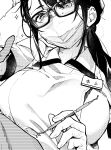  black-framed_eyewear black_hair breasts dentist glasses greyscale hair_over_shoulder highres large_breasts looking_at_viewer mask monochrome motion_lines mouth_mask name_tag original surgical_mask sweat trembling uma_raclette upper_body 