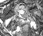  1girl armor bow bowtie breasts broken broken_armor broken_sword broken_weapon bruise cleavage closed_mouth djeeta_(granblue_fantasy) dragon gauntlets goldenwing_dragon granblue_fantasy greyscale hairband highres injury looking_at_viewer monochrome monogrbl post_guild_war_celebration shirt short_hair shoulder_armor skirt small_breasts smile solo sword translation_request upper_body weapon 