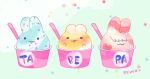  :3 animal_ears artist_name black_eyes blue_background blush closed_eyes closed_mouth commentary_request food food_focus hair_over_eyes ice_cream ice_cream_cup looking_at_viewer no_humans open_mouth original rabbit rabbit_ears smile solid_circle_eyes spoon sprinkles umibird 