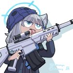  1girl animal_ear_fluff animal_ears assault_rifle blue_archive blue_eyes blue_jacket chibi cross_hair_ornament expressionless grey_hair gun hair_ornament halo highres holding holding_gun holding_weapon instagram_username jacket mask mask_on_head mask_removed medium_hair mismatched_pupils necktie open_clothes open_jacket pleated_skirt rifle school_uniform shiroko_(blue_archive) shirt sig_sauer sig_sauer_556 silhouette skirt solo tongue tongue_out twitter_username upper_body weapon white_shirt whitydragon wolf_ears 