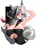  1girl absurdres alternate_costume animal_ear_fluff animal_ears arknights arm_up armpits black_dress black_hair black_nails blush breasts bright_pupils cleavage covered_navel cropped_torso dress english_text gradient_background grey_hair halter_dress halterneck heart heterochromia highres huge_breasts large_breasts looking_at_viewer mismatched_pupils mole mole_above_mouth mole_on_armpit multicolored_hair nail_polish naxius_noxy parted_lips quartz_(arknights) red_eyes sleeveless sleeveless_dress smile speech_bubble streaked_hair two-tone_hair upper_body yellow_eyes 