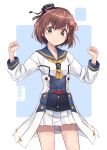  1girl blue_sailor_collar brown_eyes brown_hair commentary_request contrapposto cowboy_shot dress flower hair_flower hair_ornament highres kantai_collection minosu neckerchief original_remodel_(kantai_collection) sailor_collar sailor_dress short_hair smokestack_hair_ornament solo w_arms white_dress yellow_neckerchief yukikaze_(kancolle) yukikaze_kai_ni_(kancolle) 