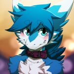  1:1 anthro blue_body blue_eyebrows blue_eyes blue_fur blue_hair blush bust_portrait cheek_tuft chest_tuft collar dragon eyebrow_through_hair eyebrows facial_tuft fangs front_view fur furred_dragon glistening glistening_eyes hair hi_res kuttoyaki looking_at_viewer male mouth_closed portrait purple_collar shoulder_tuft simple_background solo teeth translucent translucent_hair tuft white_body white_fur 