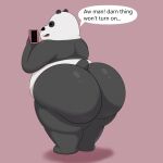  2023 absurd_res anthro bear belly big_butt bubble_butt butt cartoon_network cellphone colossalstars cracked_screen dialogue dot_eyes english_text giant_panda hi_res holding_object holding_phone huge_butt huge_thighs male mammal narrowed_eyes nude open_mouth overweight overweight_anthro overweight_male panda_(wbb) phone pink_background rear_view screen shadow simple_background smartphone solo standing text thick_thighs we_bare_bears 