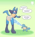  anthro arms_out baggashame clothing diaper diaper_cover duo english_text eyes_closed female generation_1_pokemon generation_4_pokemon hi_res leaning leaning_forward lucario lucie_(baggashame) nintendo open_mouth paws pokemon pokemon_(species) pokemon_battle polo_shirt shirt simple_background speech_bubble squirtle standing tail text topwear water wince 