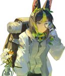  1boy absurdres animal_ear_fluff animal_ears bag black_bag black_hair black_pants blue_eyes blunt_ends closed_mouth coat collared_coat covered_collarbone flower fox_boy fox_ears genshin_impact gloves goggles goggles_around_neck green_hair green_shirt hair_between_eyes hair_flower hair_ornament hand_up highres holding holding_magnifying_glass hood hooded_vest hoodie leaf leaf_hair_ornament leleyoukuailele long_sleeves looking_to_the_side magnifying_glass male_focus multicolored_hair official_alternate_costume open_clothes open_coat pants paper pocket puffy_long_sleeves puffy_sleeves shirt short_hair simple_background smile solo standing tighnari_(genshin_impact) tighnari_(kiehls&#039;)_(genshin_impact) two-tone_hair vest white_background white_coat white_flower white_gloves white_vest zipper 
