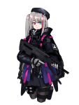  1girl absurdres assault_rifle battle_rifle belt belt_pouch beret black_bag black_coat black_headwear black_jacket black_pantyhose black_skirt blue_eyes closed_mouth coat desert_tech_mdr expressionless girls&#039;_frontline gloves glowstick grey_gloves grey_hair gun harness hat heterochromia highres holding holding_gun holding_weapon hood hood_down hooded_jacket jacket load_bearing_vest long_hair long_sleeves looking_at_viewer mdr_(girls&#039;_frontline) military multicolored_hair name_connection pantyhose pink_eyes pink_hair pouch rifle sharpy_(kdy000913) side_ponytail skirt solo standing strap streaked_hair tactical_clothes thigh_strap trigger_discipline weapon white_background 