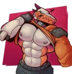  2023 abs android anthro big_pecs bionics blue_eyes clothed clothing clothing_lift dinosaur dragon epic_games fortnite frustration_cloud haxsaur hi_res hoodie its_coldpizza looking_annoyed machine male multicolored_body pecs red_background reptile robot scalie shirt shirt_lift shoulder_pads signature simple_background topwear white_background 