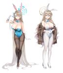  2girls absurdly_long_hair absurdres akane_(blue_archive) akane_(bunny)_(blue_archive) animal_ears aqua_bow aqua_bowtie aqua_leotard asuna_(blue_archive) asuna_(bunny)_(blue_archive) asymmetrical_bangs black-framed_eyewear black_pantyhose blue_archive blush bow bowtie breasts cleavage collarbone detached_collar fake_animal_ears fake_tail full_body glasses gloves groin hair_between_eyes hair_over_one_eye halo hand_on_own_hip high_heels highres large_breasts leotard light_brown_hair long_bangs long_hair looking_at_viewer mole mole_on_breast multiple_girls one_eye_covered pantyhose playboy_bunny rabbit_ears rabbit_tail simple_background strapless strapless_leotard tail thighband_pantyhose timing_(mpth8384) v v_over_eye very_long_hair white_background white_footwear white_gloves white_leotard white_pantyhose 