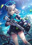  1girl animal_ears assault_rifle bag bicycle blue_archive blue_eyes building cloud commentary_request grey_hair ground_vehicle gun hair_ornament hairclip halo highres medium_hair nogi_lief outdoors revision rifle scarf school_uniform shiroko_(blue_archive) sig_sauer sig_sauer_556 sky solo tree trigger_discipline weapon wolf_ears 