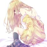  1girl 25-sai_no_joshikousei black_socks blonde_hair bra highres jacket kneehighs natori_hana nyaa_(nnekoron) on_bed skirt skirt_removed socks solo underwear undressing yellow_eyes yellow_jacket 